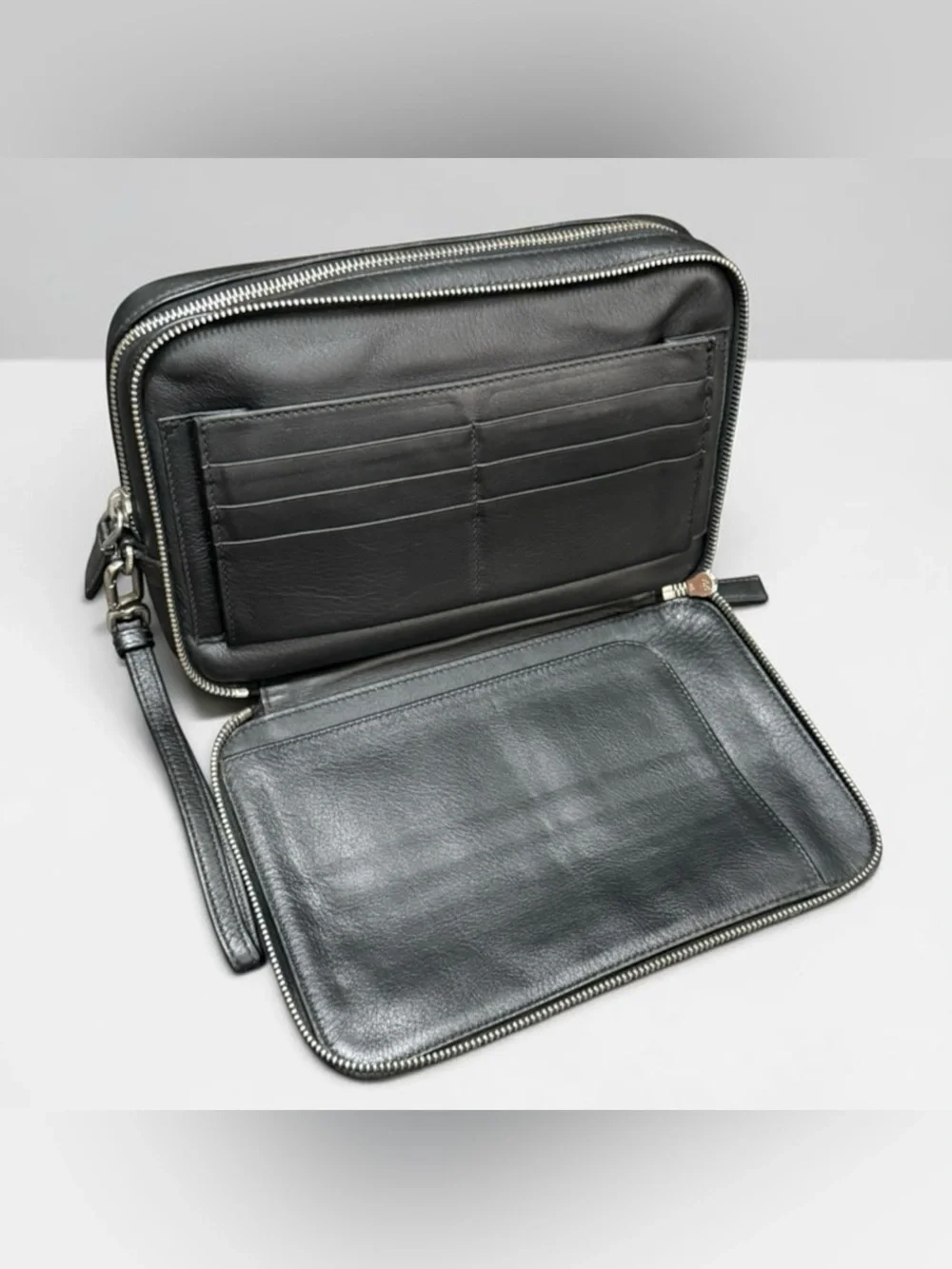 Prada Black Leather Double Zip Clutch Tavel Organizer